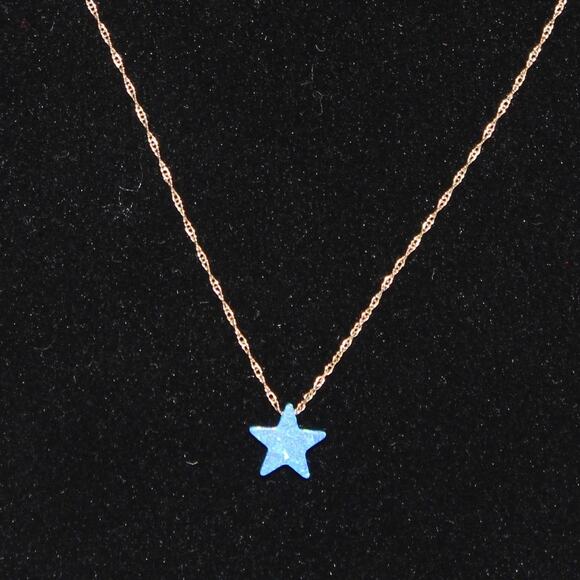 Dainty Solid 14K Gold Necklace with Blue Opal Star Charm - Picture 5 of 9